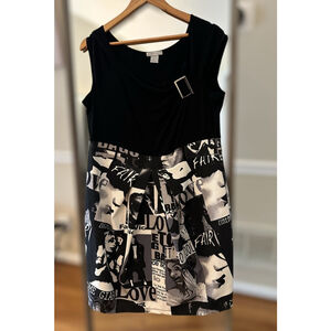 Lilly Lou Black & White Magazine Print Dress | Sleeveless Shift | Women’s XL